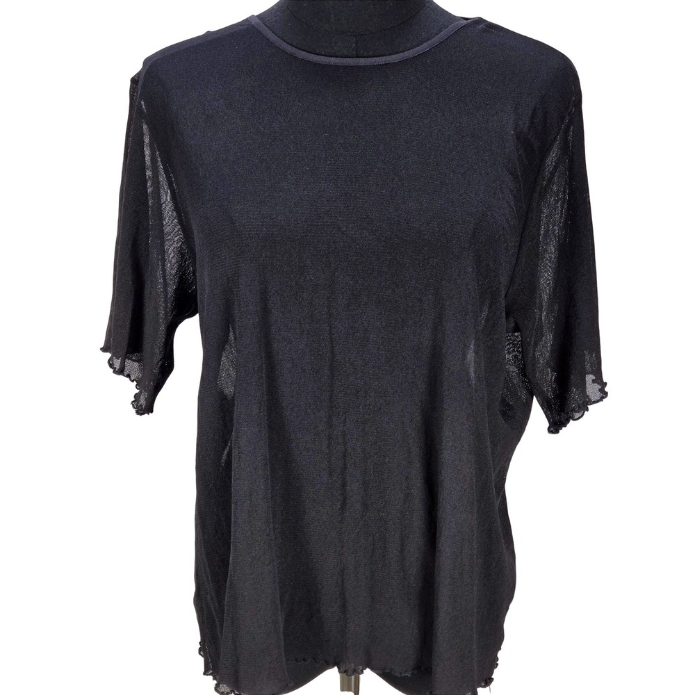 Women's Paramount Large Black Sheer Mesh Lettuce Edge Short Sleeve Top Layering